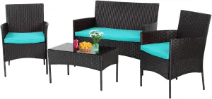 4 Pieces Conversation Set Modular Outdoor Furniture Set Water Resistant Patio Wicker Furniture Set with 3 Rattan Chairs 1 Tempered Glass Topped Table Seat Cushions for Patio Balcony Poolside, Blue