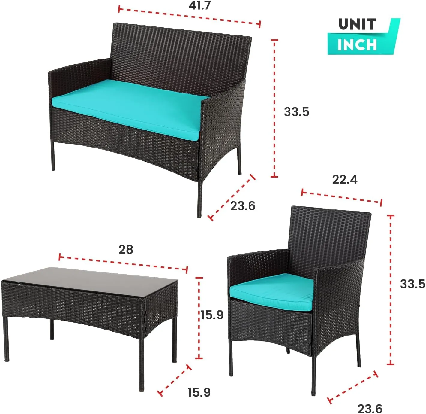 4 Pieces Conversation Set Modular Outdoor Furniture Set Water Resistant Patio Wicker Furniture Set with 3 Rattan Chairs 1 Tempered Glass Topped Table Seat Cushions for Patio Balcony Poolside, Blue