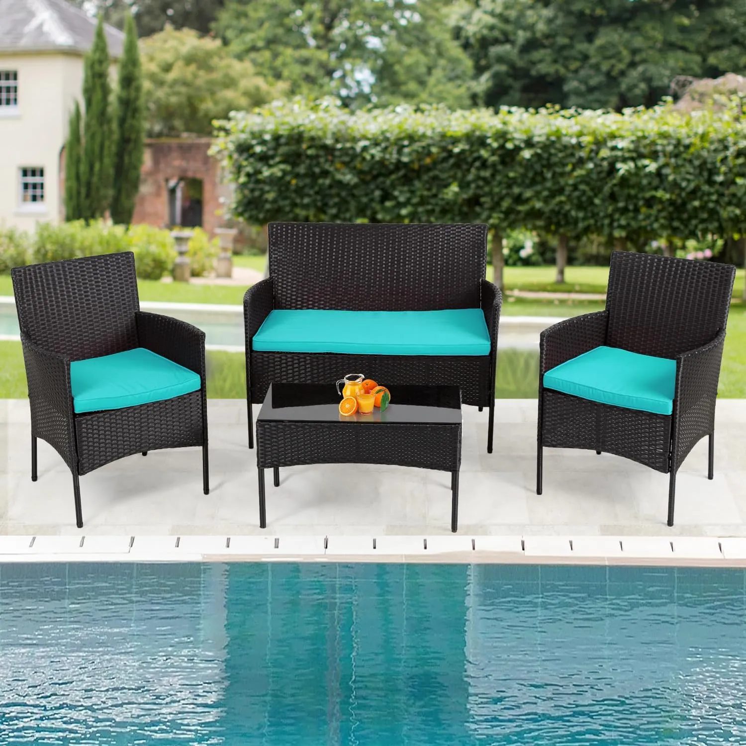 4 Pieces Conversation Set Modular Outdoor Furniture Set Water Resistant Patio Wicker Furniture Set with 3 Rattan Chairs 1 Tempered Glass Topped Table Seat Cushions for Patio Balcony Poolside, Blue