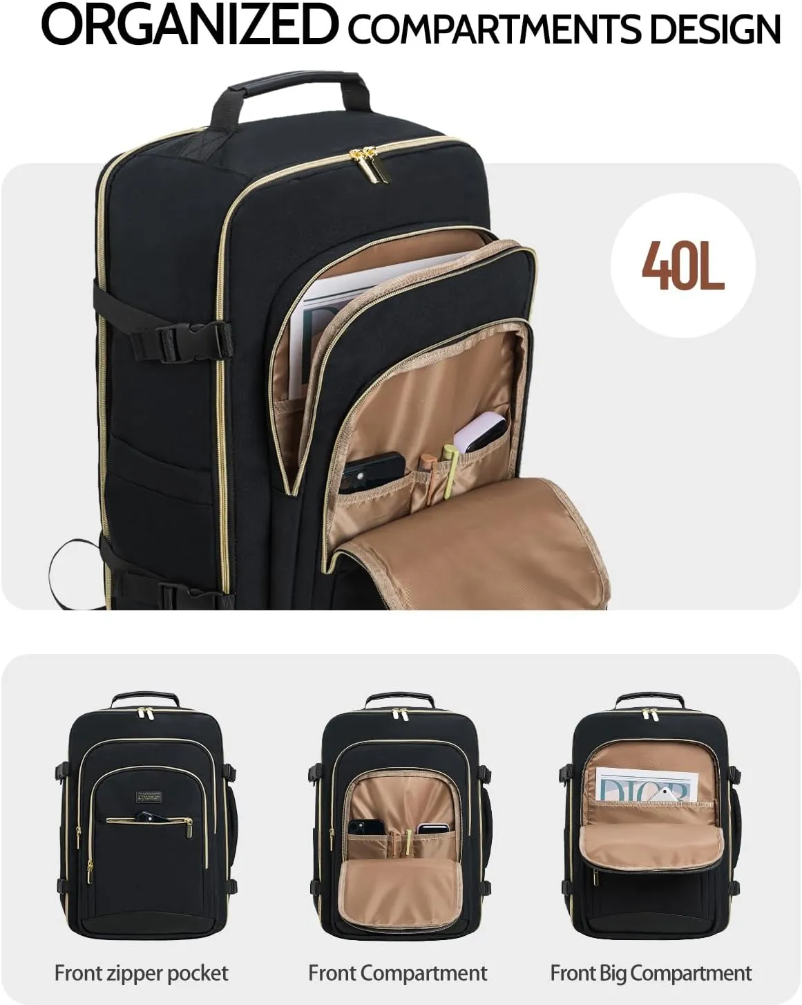 40L Travel Backpack for Women, Carry On Bag Flight Approved, Waterproof Backpack with 3 Packing Cubes, Weekender Personal Item Backpack for Airplane Travel Essentials, TSA Approved