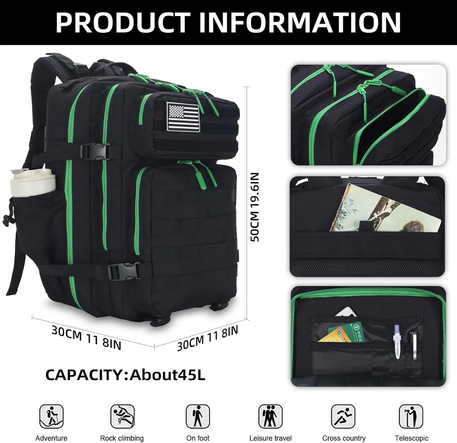45L Tactical Assault Backpack - 3 Day Assault Pack with MOLLE Waterproof Rucksack (Back Green)