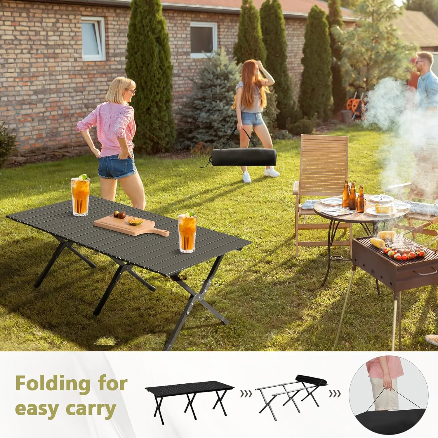 46x24 in Camping Folding Tables Lightweight Roll Up Picnic Tables Ultralight Collapsible Outdoor Portable Beach Table with Easy Carrying Bag for Travel Hiking Backyard BBQ Party Events, Black