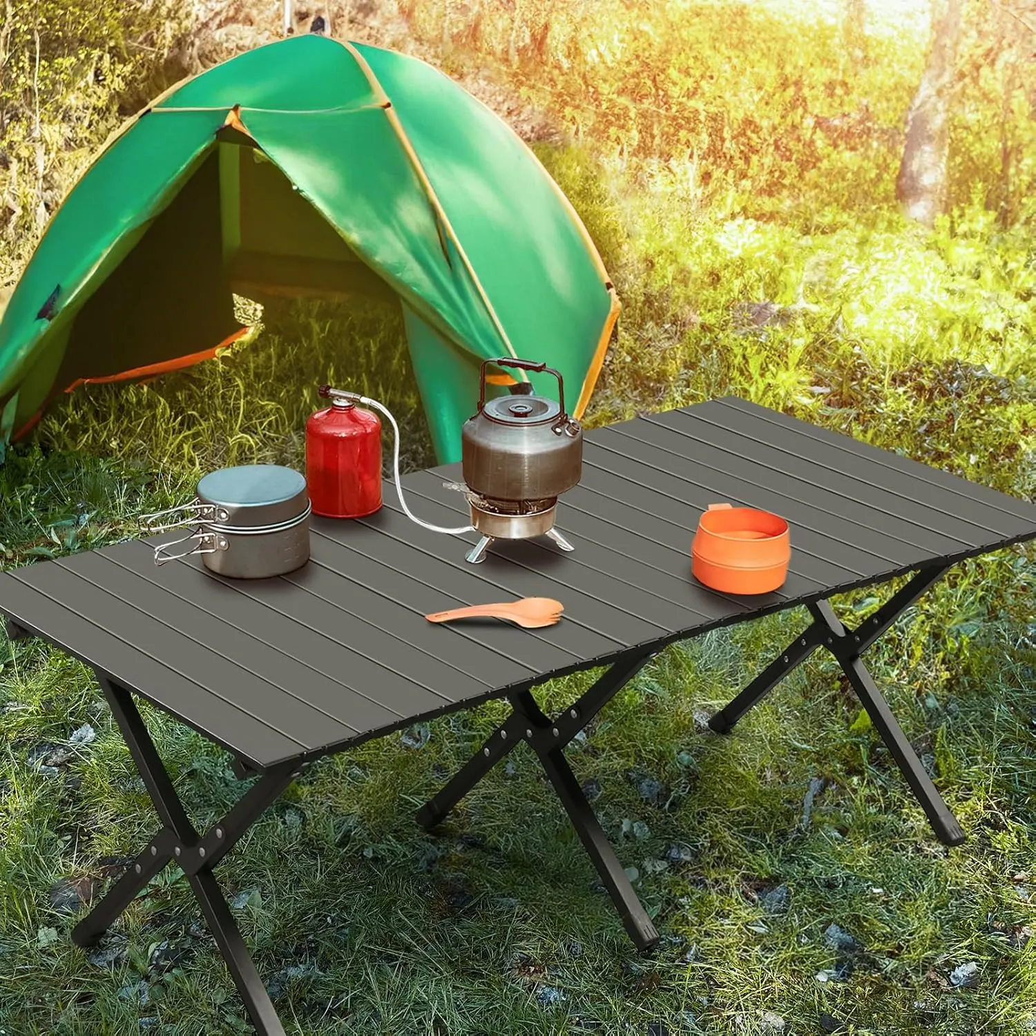 46x24 in Camping Folding Tables Lightweight Roll Up Picnic Tables Ultralight Collapsible Outdoor Portable Beach Table with Easy Carrying Bag for Travel Hiking Backyard BBQ Party Events, Black