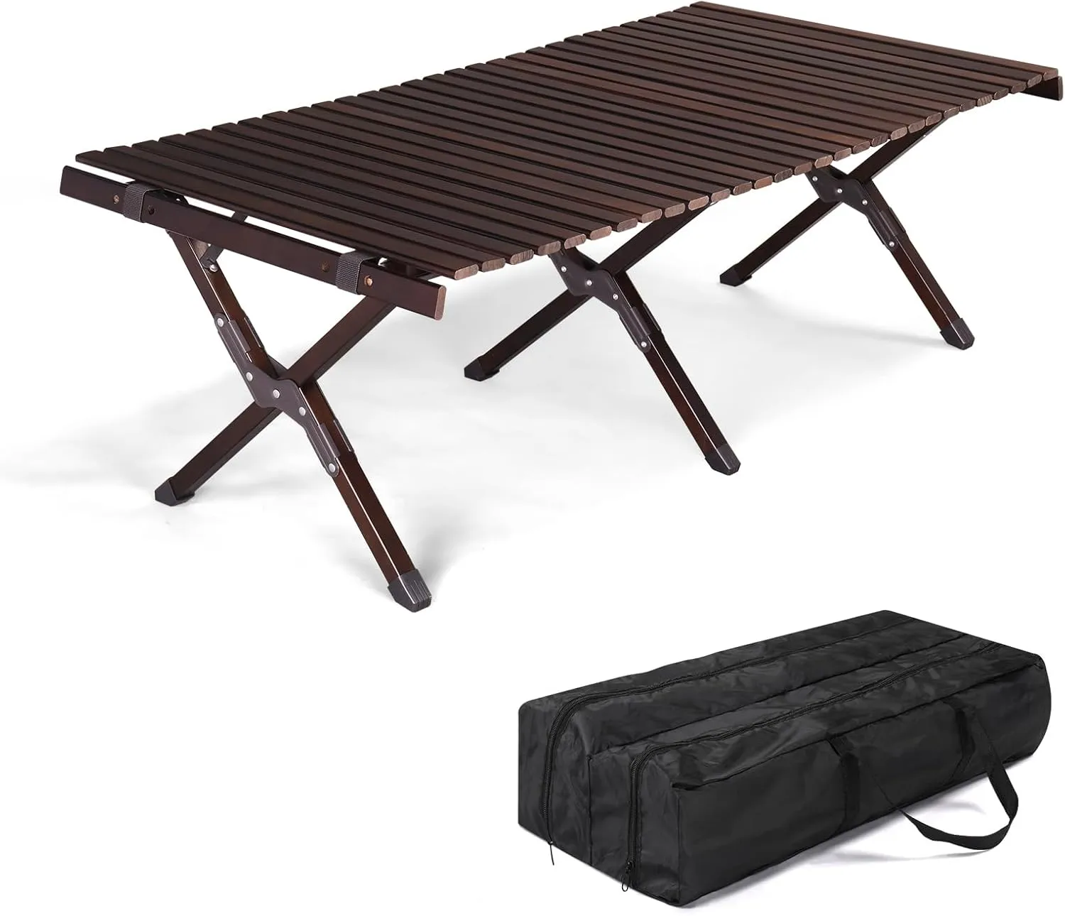 4ft Foldable Low Picnic Table Wooden Camping Table Portable Lightweight Tables Fold up Collapsible Roll up Tabletop with Carry Bag,Adjustable Height for Party Patio Garden Travel Outdoor Beach,Brown