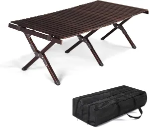 4ft Foldable Low Picnic Table Wooden Camping Table Portable Lightweight Tables Fold up Collapsible Roll up Tabletop with Carry Bag,Adjustable Height for Party Patio Garden Travel Outdoor Beach,Brown