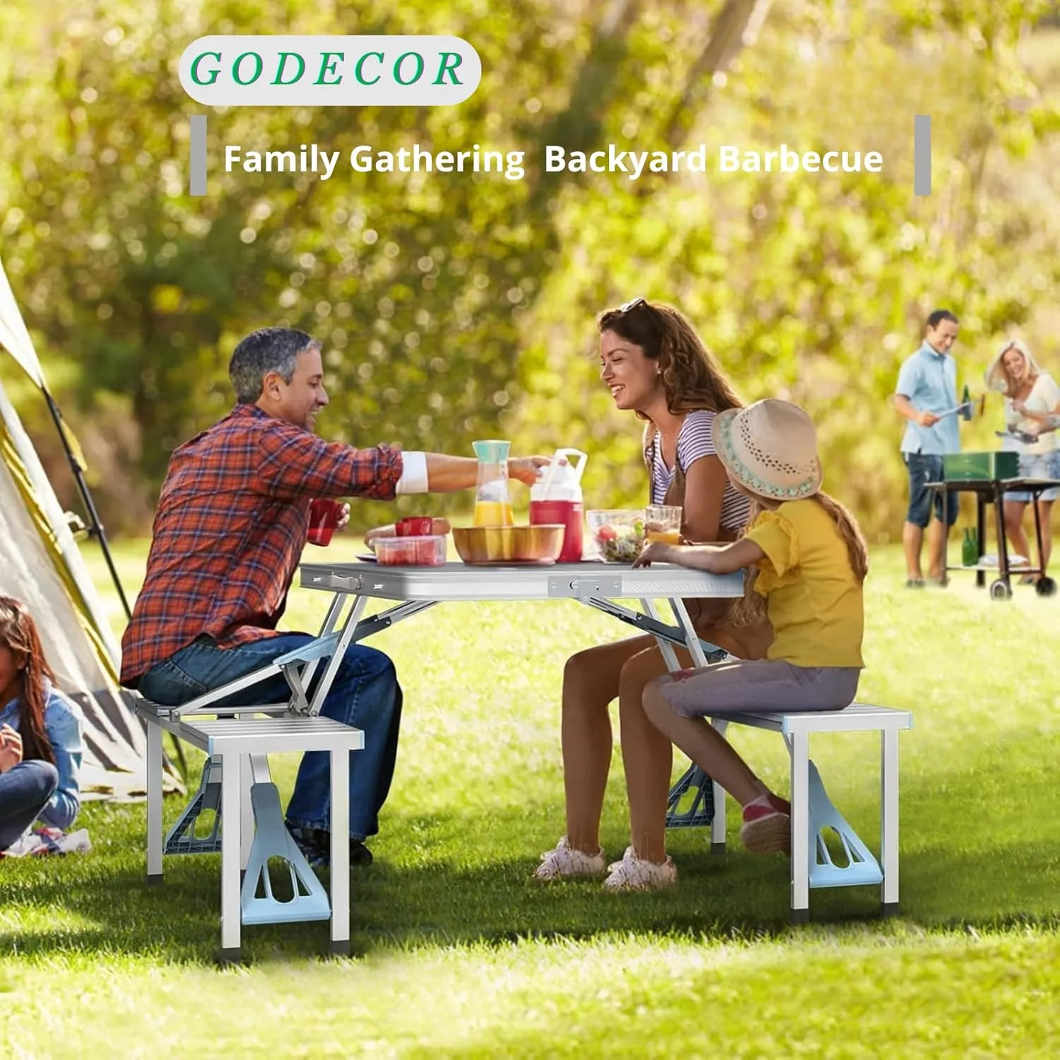 4Ft Folding Camping Picnic Table with 4 Chairs with Umbrella Hole Fold Up Card Suitcase Table Aluminum Alloy Frame, RV Tabletop with Soft Handle for Outdoor, Party, Beach and Backyard