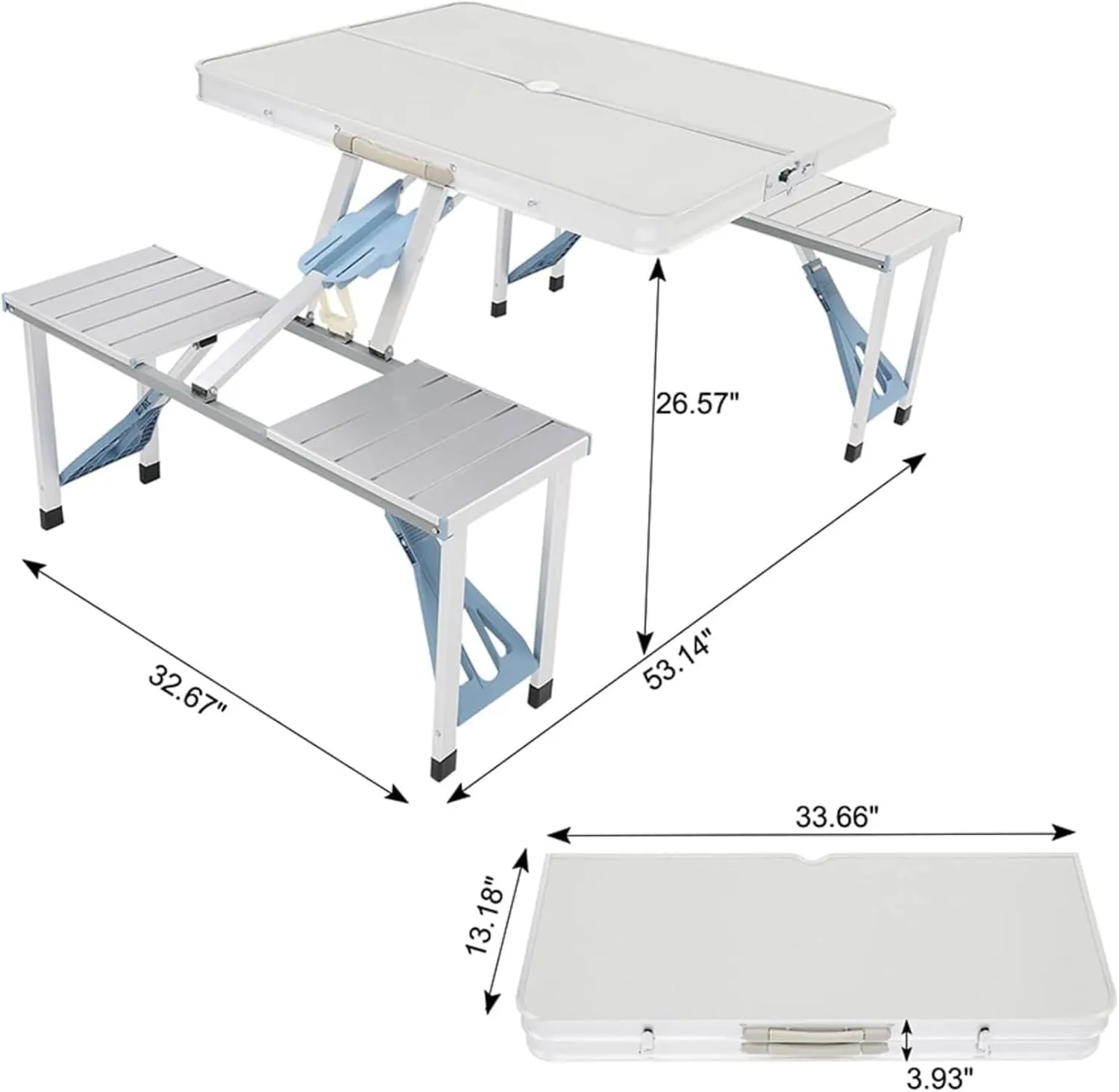 4Ft Folding Camping Picnic Table with 4 Chairs with Umbrella Hole Fold Up Card Suitcase Table Aluminum Alloy Frame, RV Tabletop with Soft Handle for Outdoor, Party, Beach and Backyard