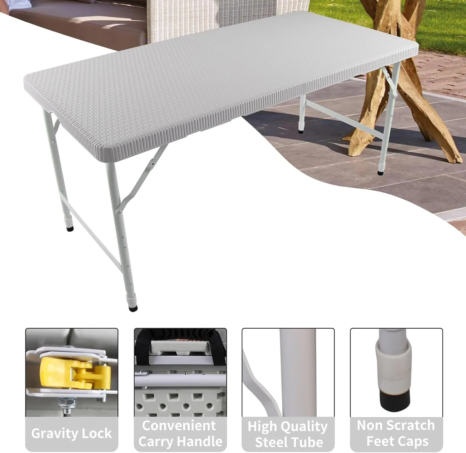 4FT Folding Table with Rattan Tabletop, Portable Lightweight Camping Table with Carry Handle, Collapsible Rectangle Table for Picnic, BBQ, Patio White