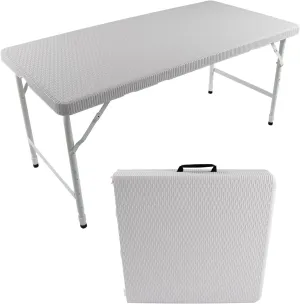 4FT Folding Table with Rattan Tabletop, Portable Lightweight Camping Table with Carry Handle, Collapsible Rectangle Table for Picnic, BBQ, Patio White