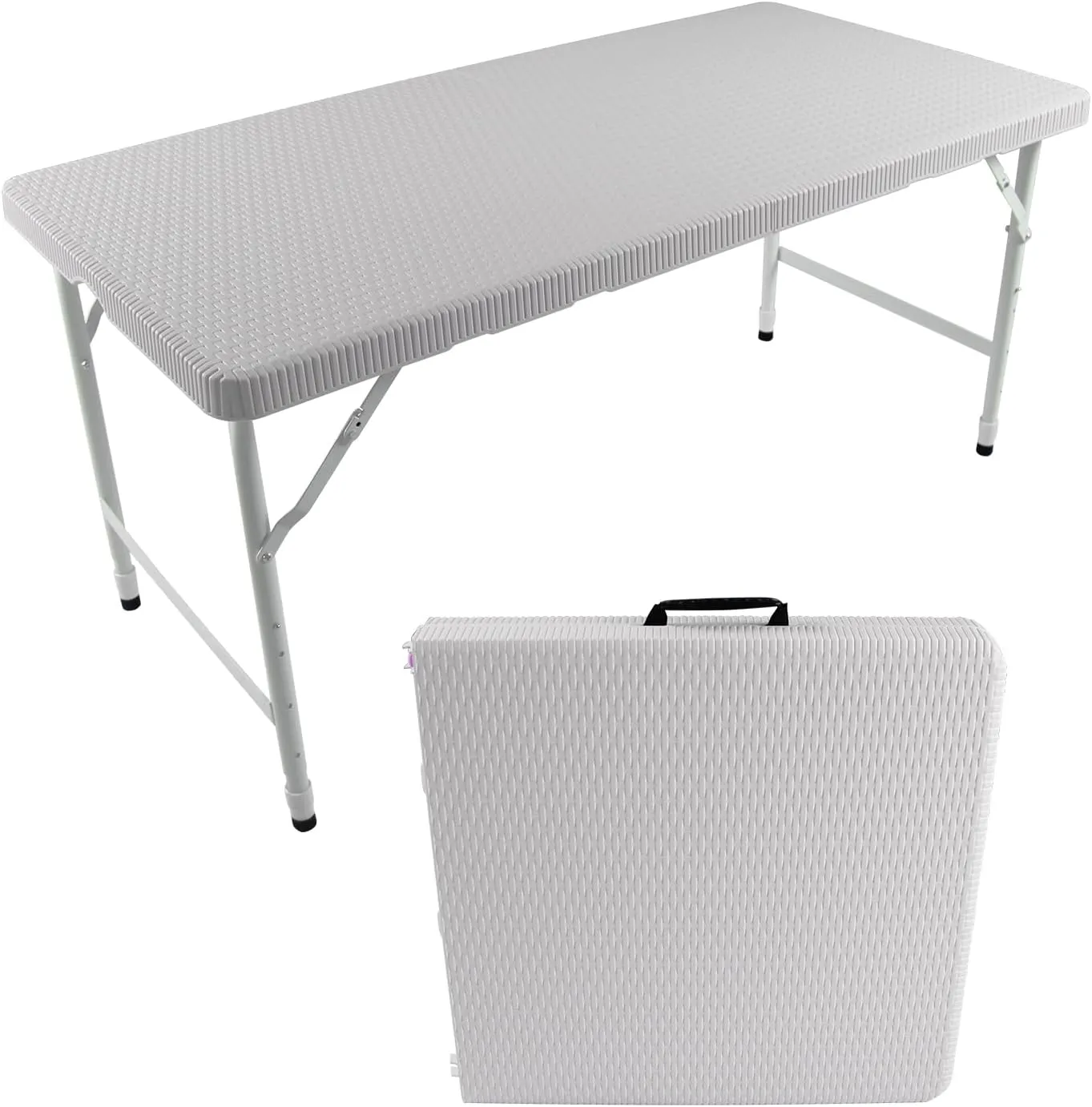 4FT Folding Table with Rattan Tabletop, Portable Lightweight Camping Table with Carry Handle, Collapsible Rectangle Table for Picnic, BBQ, Patio White