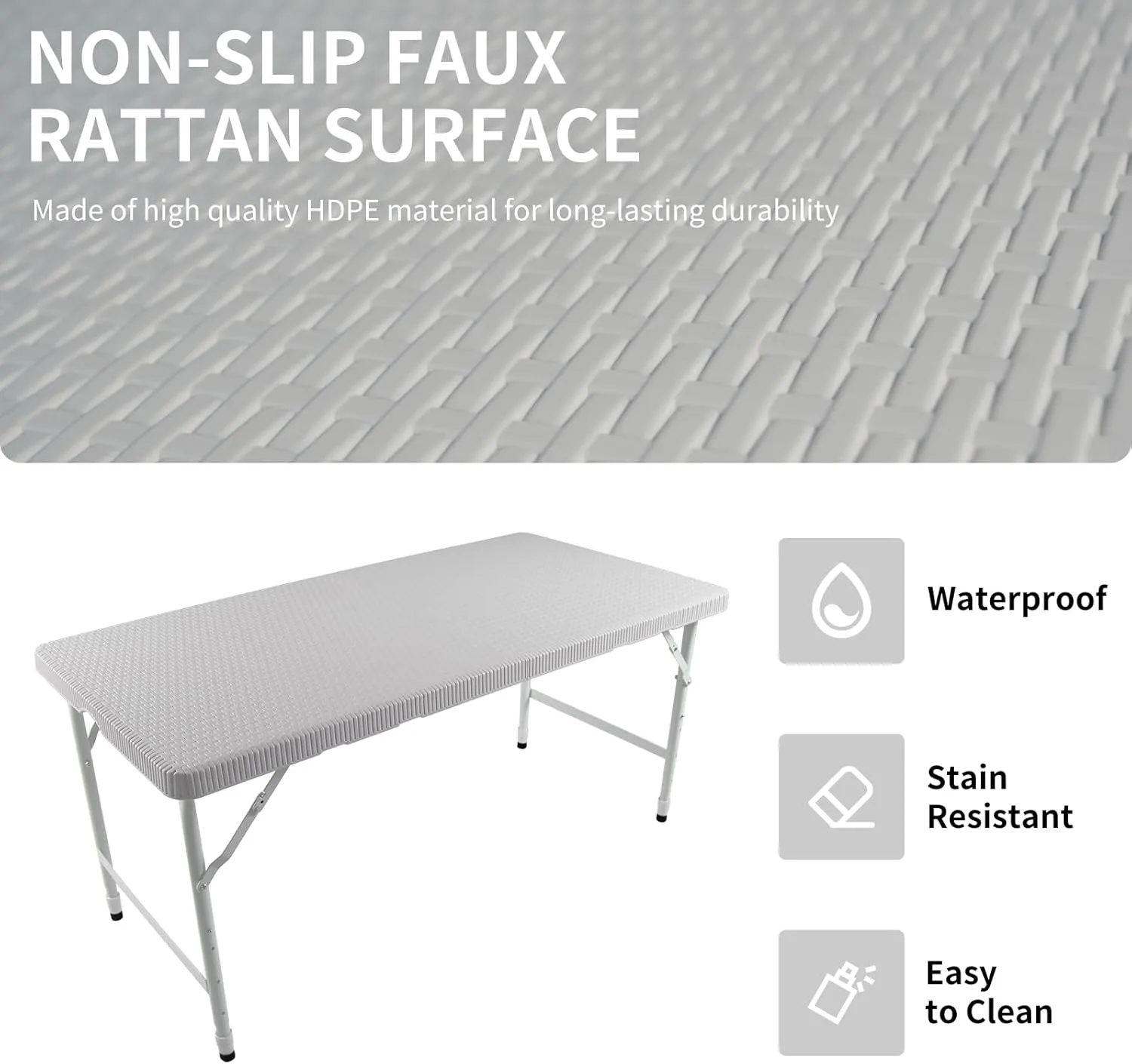 4FT Folding Table with Rattan Tabletop, Portable Lightweight Camping Table with Carry Handle, Collapsible Rectangle Table for Picnic, BBQ, Patio White