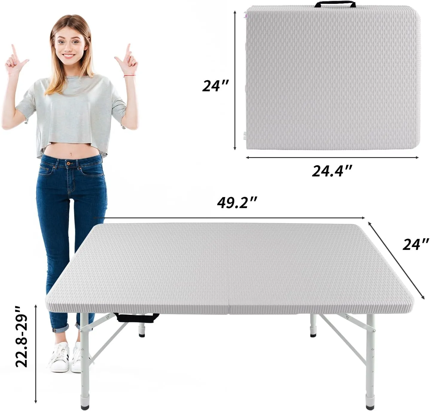 4FT Folding Table with Rattan Tabletop, Portable Lightweight Camping Table with Carry Handle, Collapsible Rectangle Table for Picnic, BBQ, Patio White