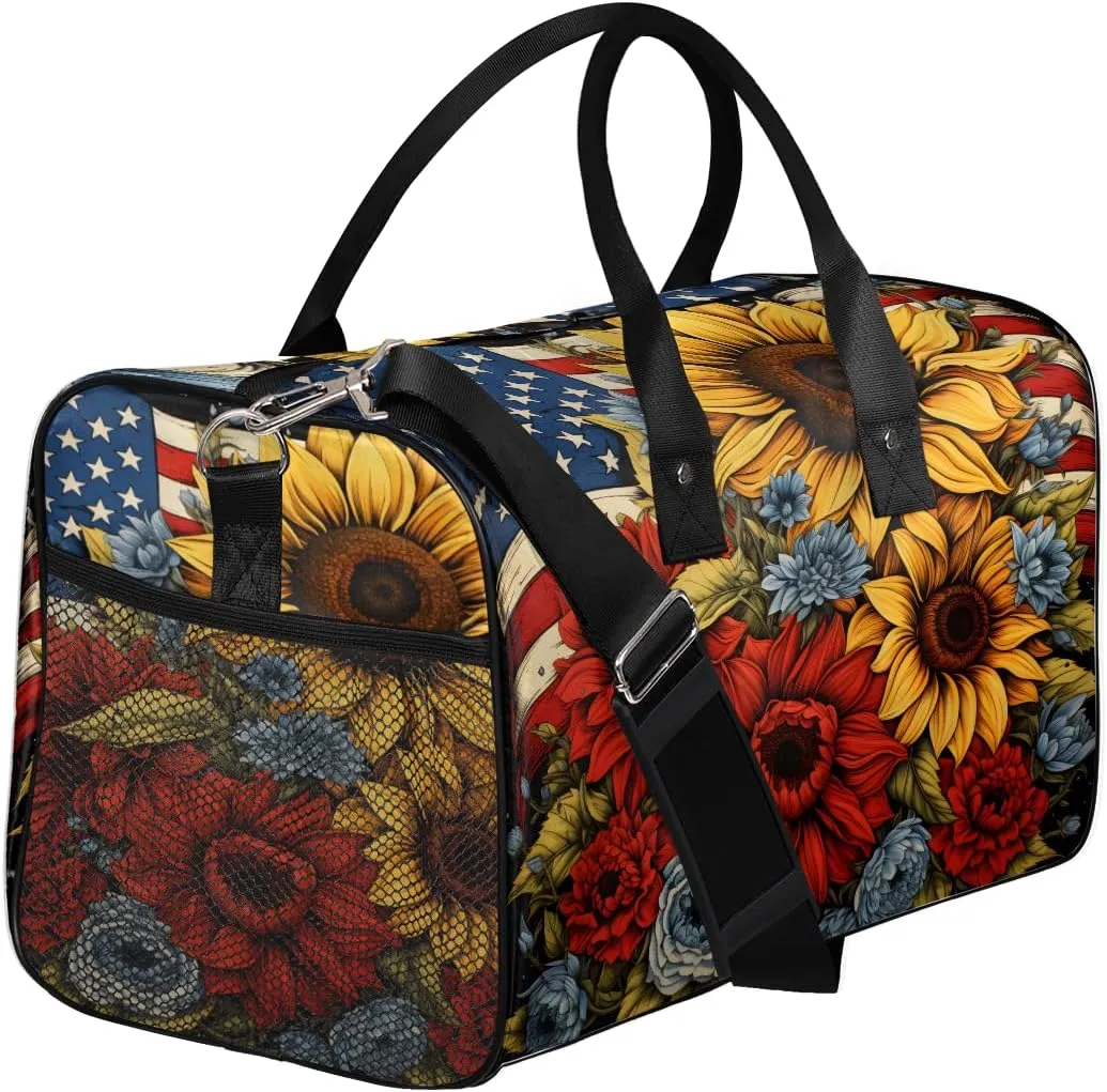4th of July Travel Duffle Bag for Women Men Foldable Waterproof Weekender Bag Carry on Tote for Overnight Sports Gym Independence Day American Flag Floral