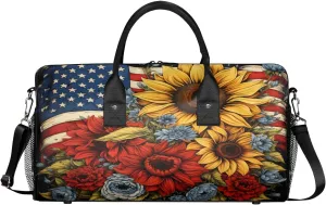 4th of July Travel Duffle Bag for Women Men Foldable Waterproof Weekender Bag Carry on Tote for Overnight Sports Gym Independence Day American Flag Floral
