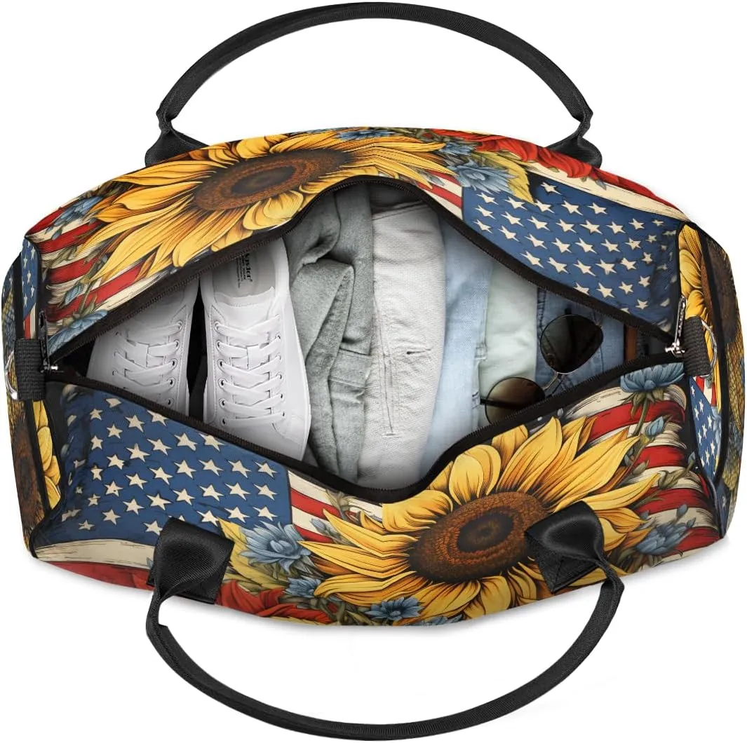 4th of July Travel Duffle Bag for Women Men Foldable Waterproof Weekender Bag Carry on Tote for Overnight Sports Gym Independence Day American Flag Floral