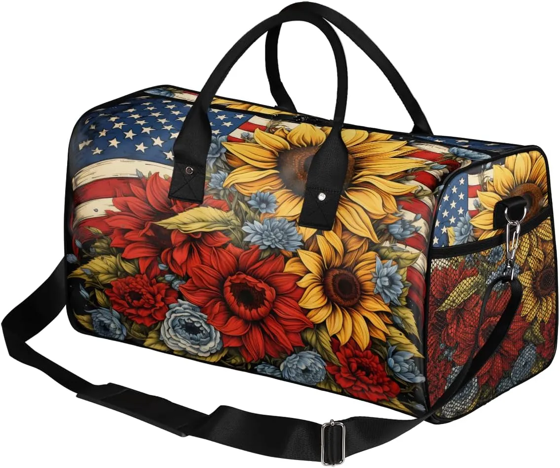 4th of July Travel Duffle Bag for Women Men Foldable Waterproof Weekender Bag Carry on Tote for Overnight Sports Gym Independence Day American Flag Floral