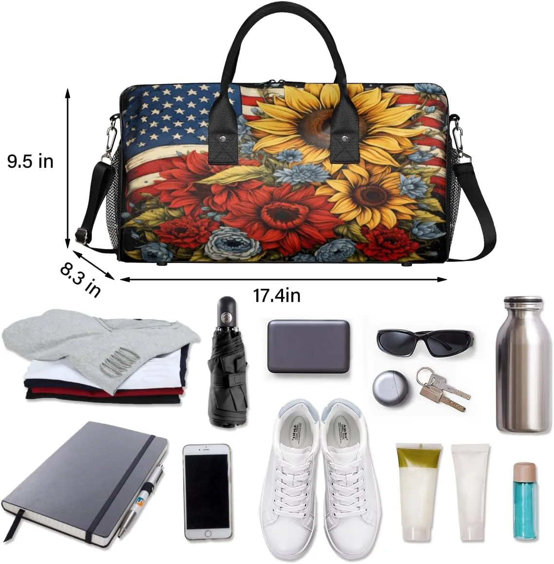 4th of July Travel Duffle Bag for Women Men Foldable Waterproof Weekender Bag Carry on Tote for Overnight Sports Gym Independence Day American Flag Floral