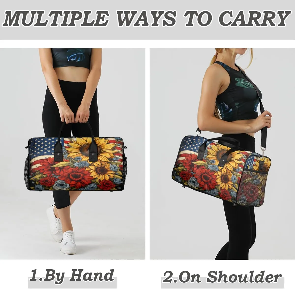 4th of July Travel Duffle Bag for Women Men Foldable Waterproof Weekender Bag Carry on Tote for Overnight Sports Gym Independence Day American Flag Floral