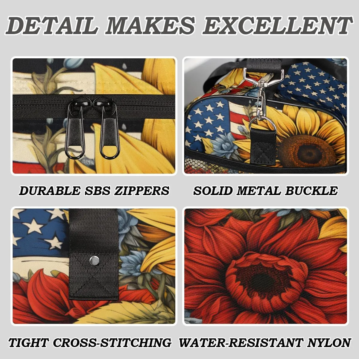4th of July Travel Duffle Bag for Women Men Foldable Waterproof Weekender Bag Carry on Tote for Overnight Sports Gym Independence Day American Flag Floral