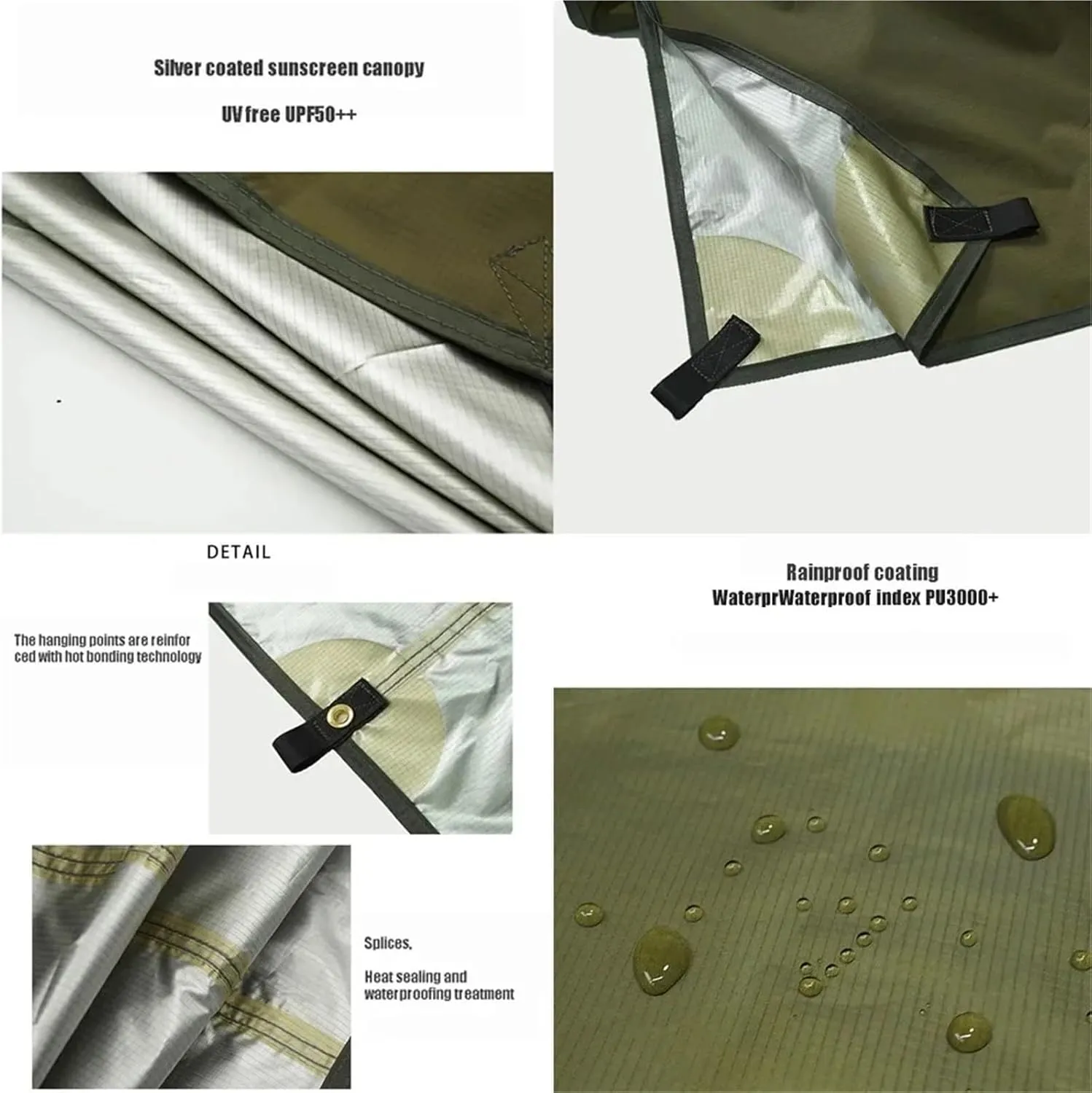 4x4m 4x3m 3x3m Tarp Tent Waterproof Camping UV Protection Outdoor Hiking Backpacking Tent Tarp Camping Tourist Beach Sun Shelter(3X3 Green)