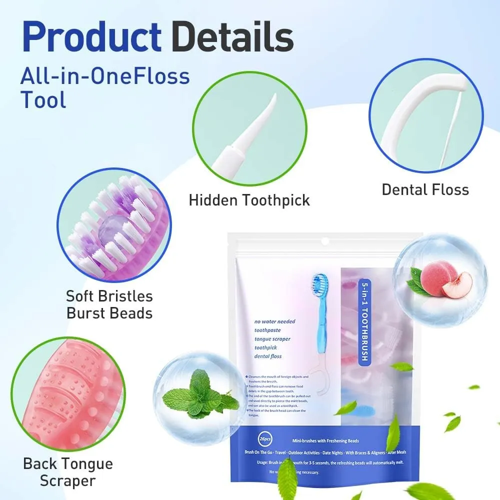 5 in 1 Mini Toothbrush & Floss, 26 PCS Mini Toothbrushes with Toothpaste, All in one Oral Care on The go, Portable Disposable Travel Toothbrush Set for Kids Adults (2)