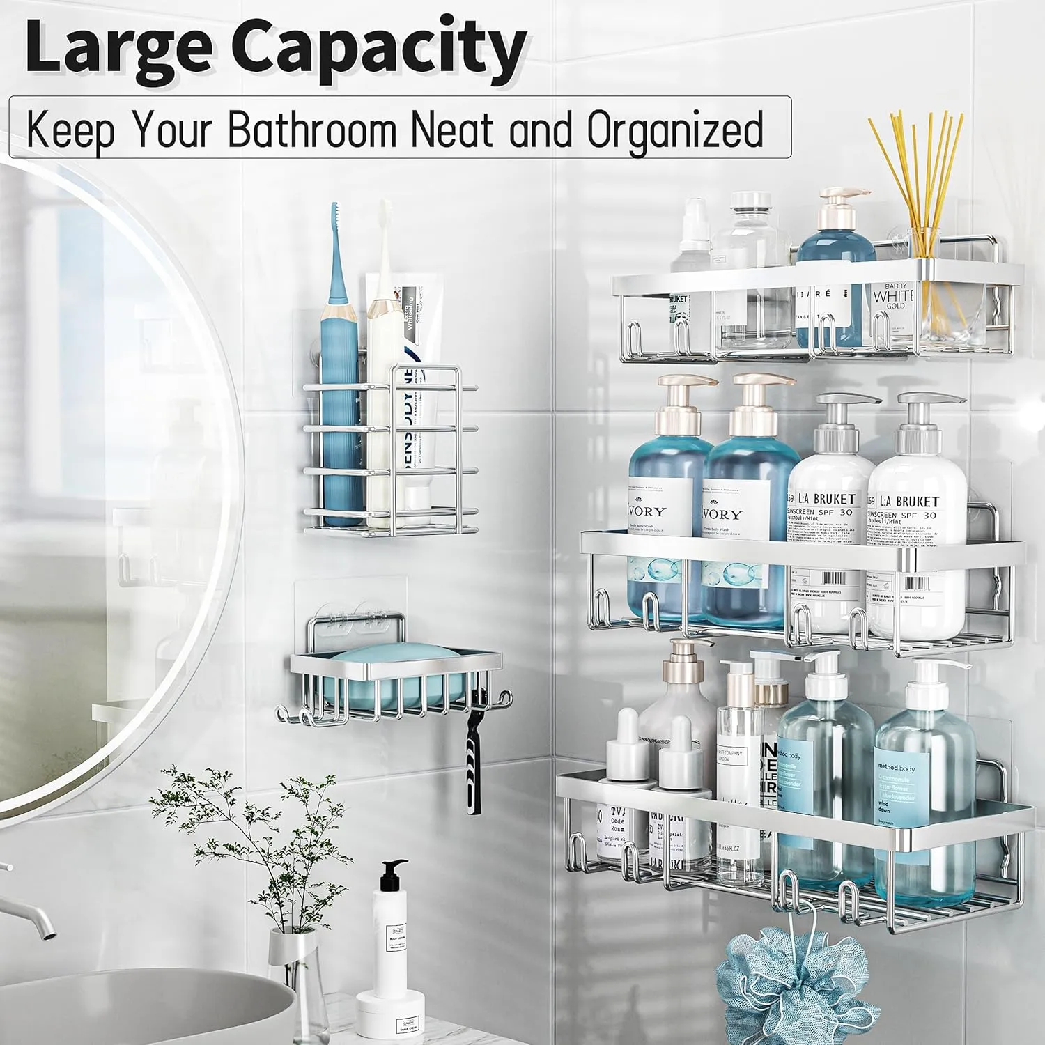 5 Pack Shower Caddy Organizer Rack Shelf for Inside Shower, Self Adhesive Bathroom Wall Storage Basket Rustproof Stainless Steel Large Capacity Shampoo Holder, Silver
