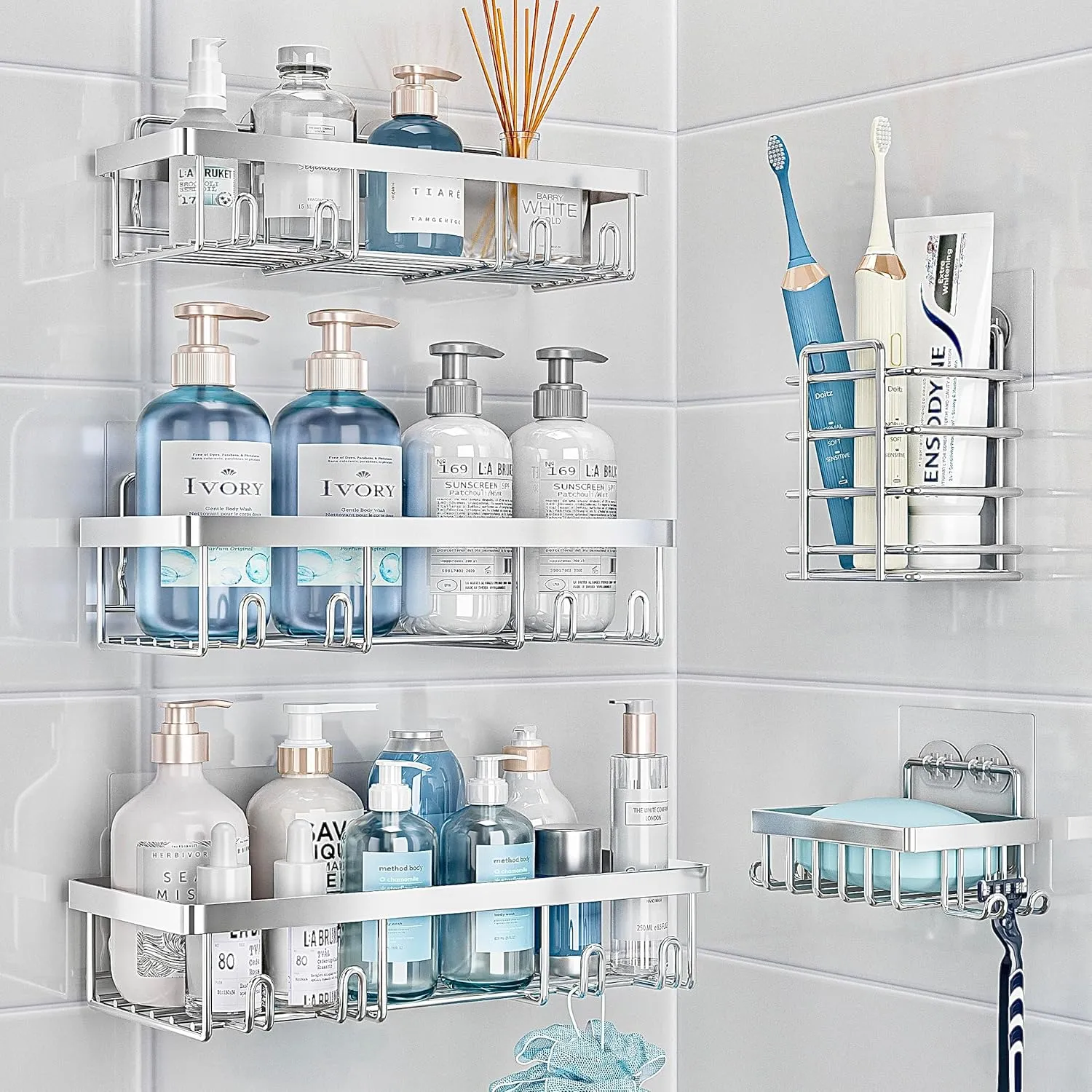 5 Pack Shower Caddy Organizer Rack Shelf for Inside Shower, Self Adhesive Bathroom Wall Storage Basket Rustproof Stainless Steel Large Capacity Shampoo Holder, Silver