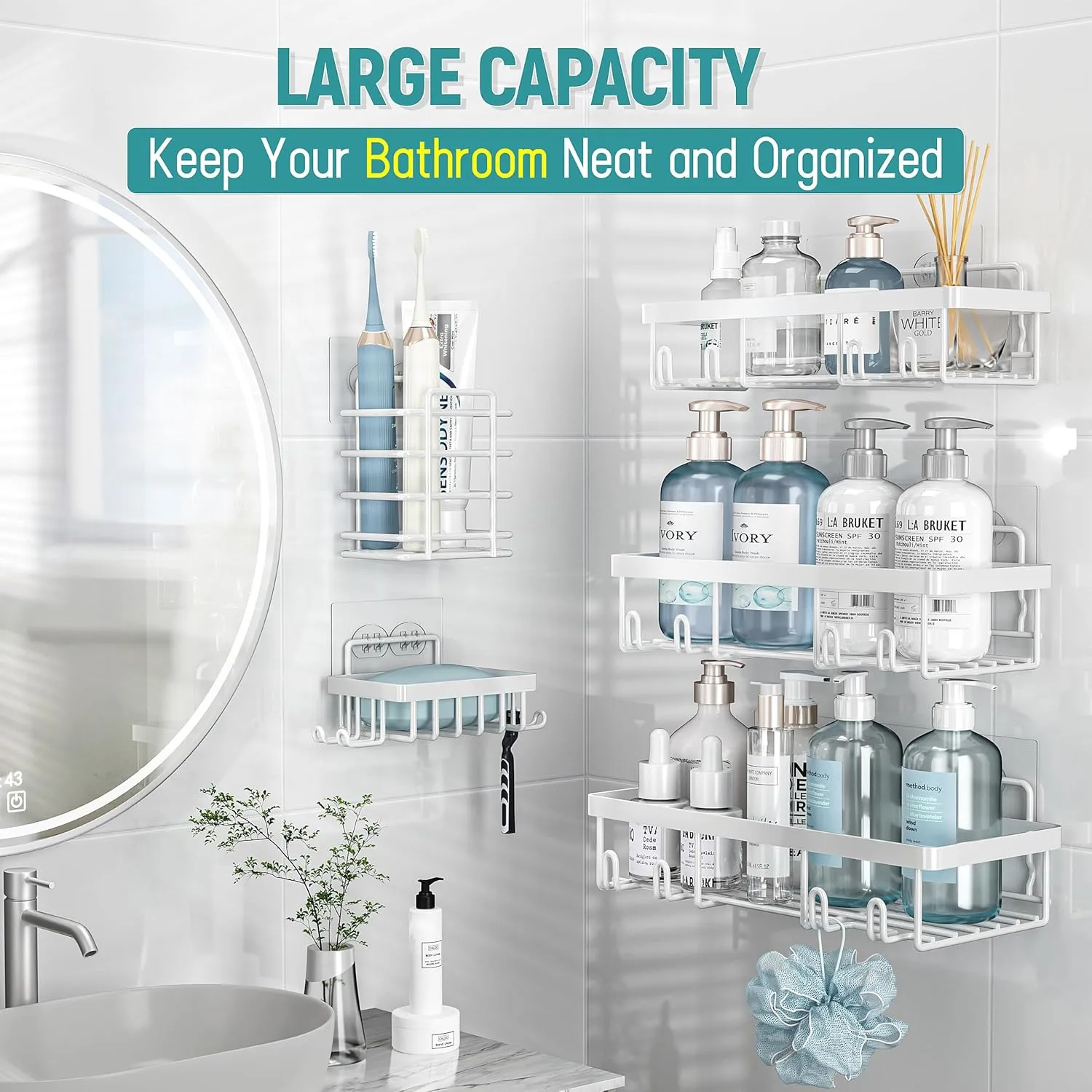 5 Pack Shower Caddy Organizer Rack Shelf for Inside Shower, Self Adhesive Wall Storage Basket Rustproof Stainless Steel Shampoo Holder Bathroom Accessory Decor Set, White
