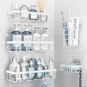 5 Pack Shower Caddy Organizer Rack Shelf for Inside Shower, Self Adhesive Wall Storage Basket Rustproof Stainless Steel Shampoo Holder Bathroom Accessory Decor Set, White