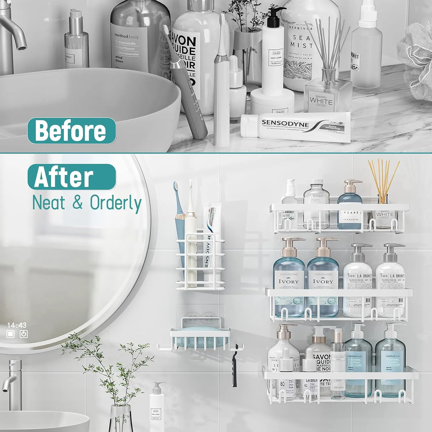 5 Pack Shower Caddy Organizer Rack Shelf for Inside Shower, Self Adhesive Wall Storage Basket Rustproof Stainless Steel Shampoo Holder Bathroom Accessory Decor Set, White