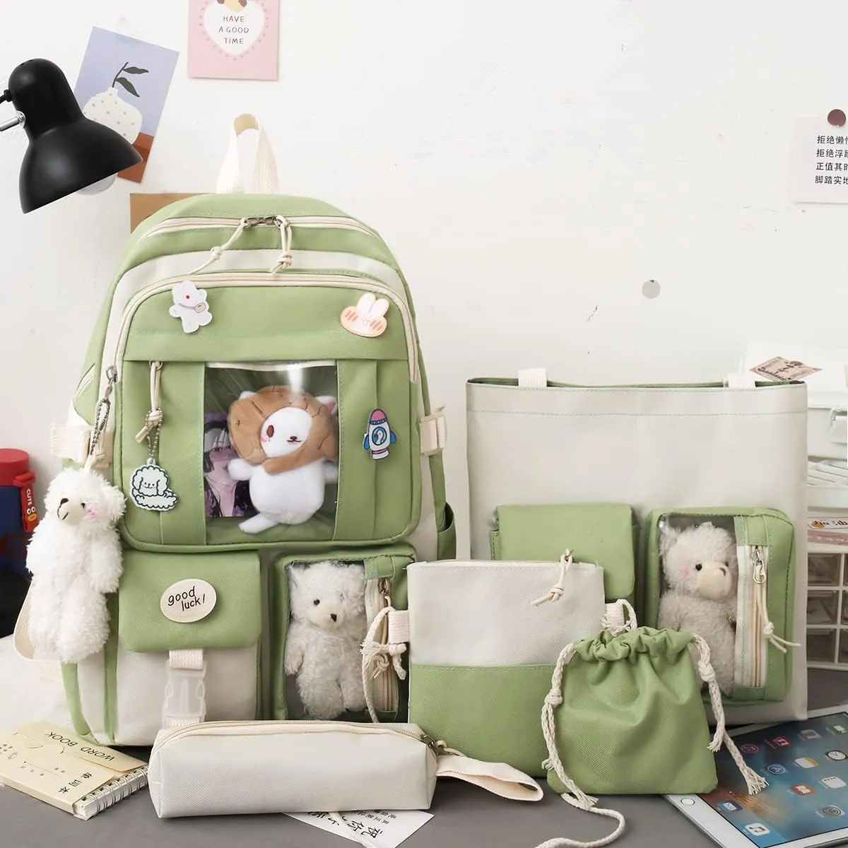5-Piece Aesthetic Kawaii Backpack Set with Kawaii Pin and Pendants Accessories, Nylon Material | Durable & Adorable