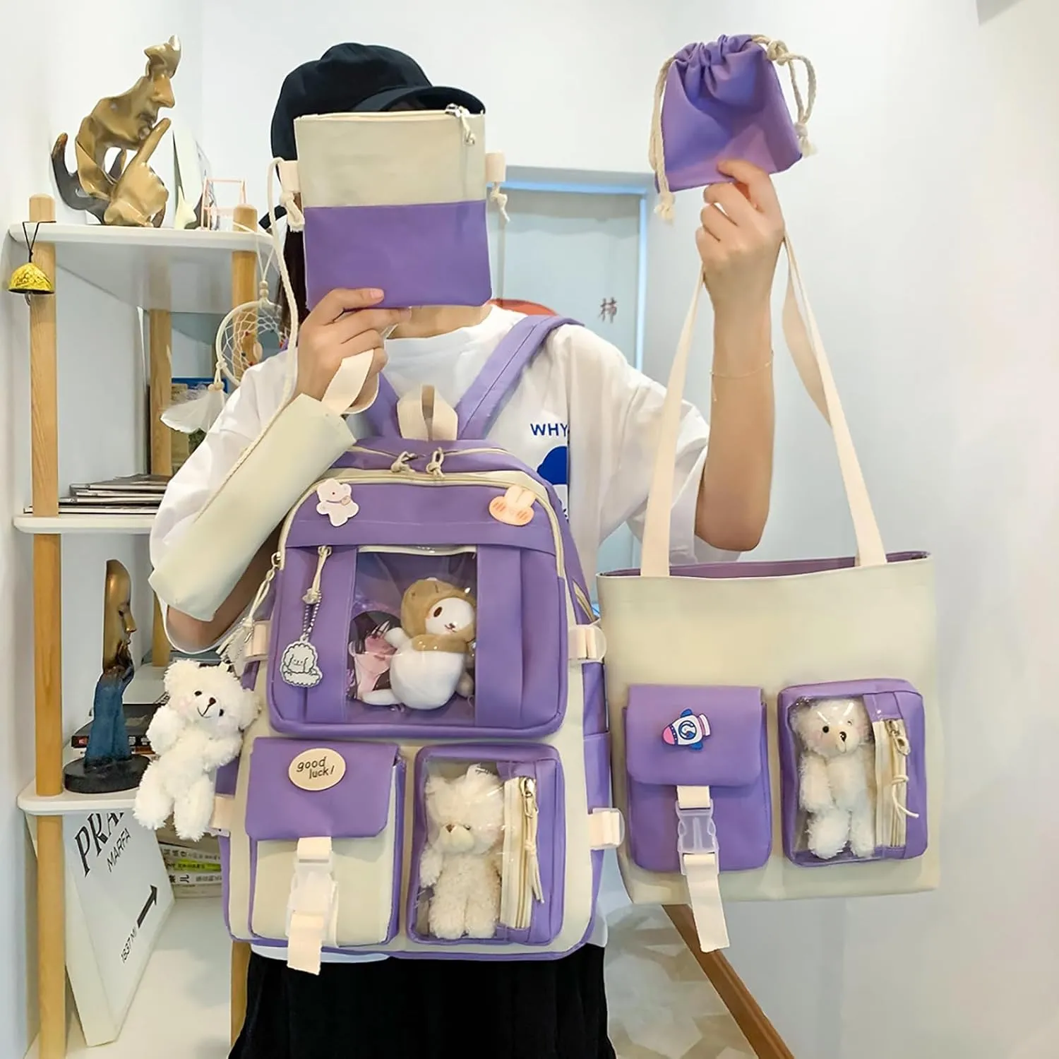 5-Piece Aesthetic Kawaii Backpack Set with Kawaii Pin and Pendants Accessories, Nylon Material | Durable & Adorable