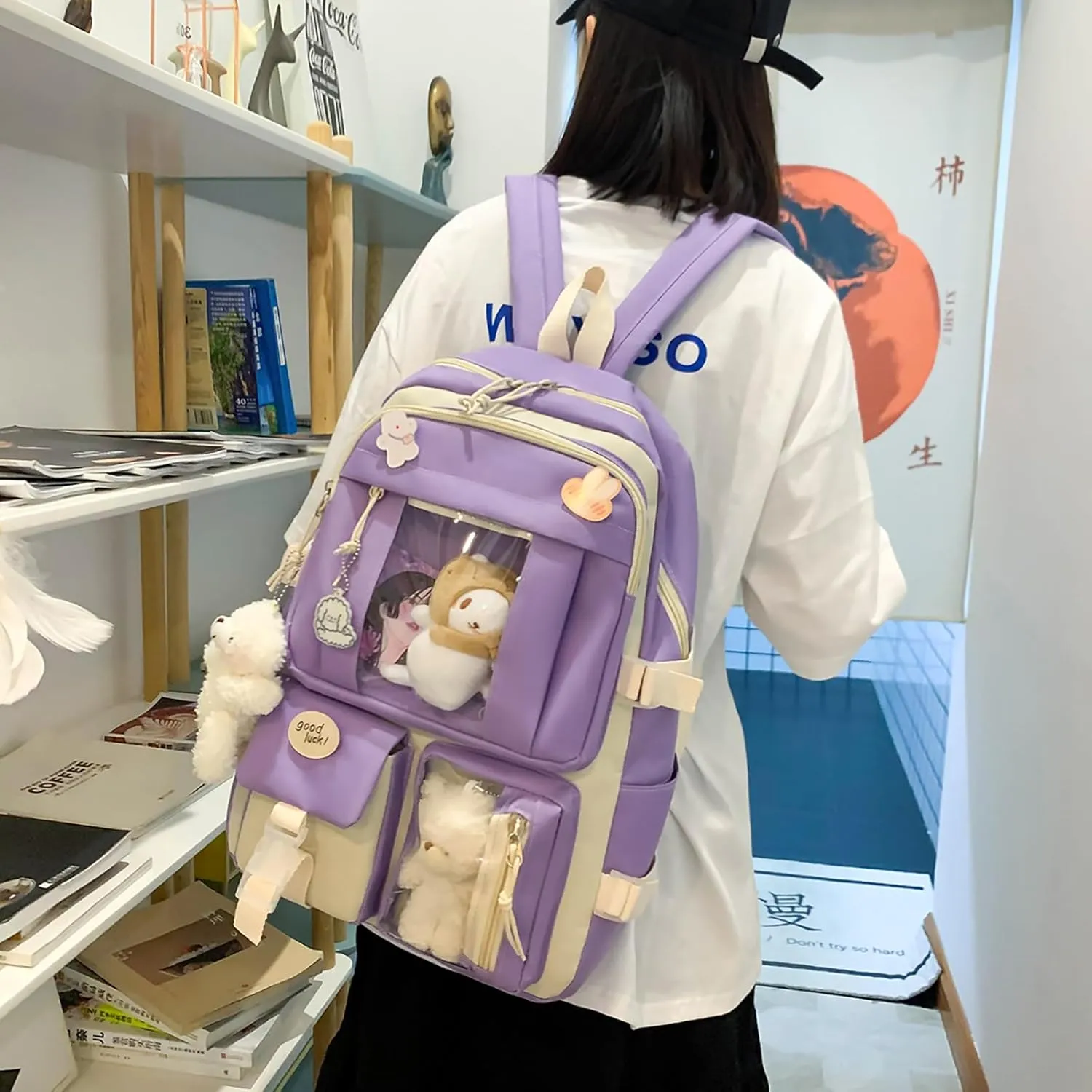 5-Piece Aesthetic Kawaii Backpack Set with Kawaii Pin and Pendants Accessories, Nylon Material | Durable & Adorable