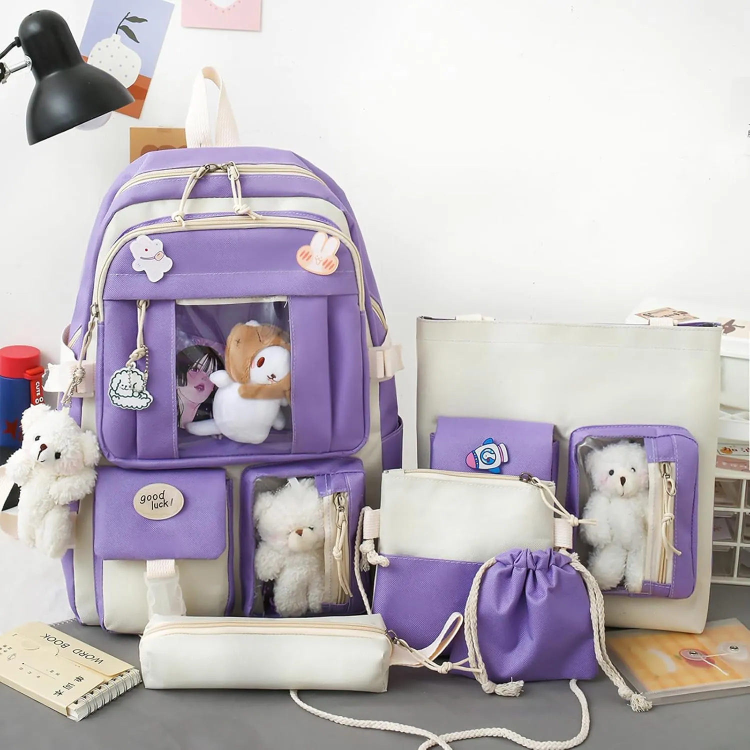 5-Piece Aesthetic Kawaii Backpack Set with Kawaii Pin and Pendants Accessories, Nylon Material | Durable & Adorable