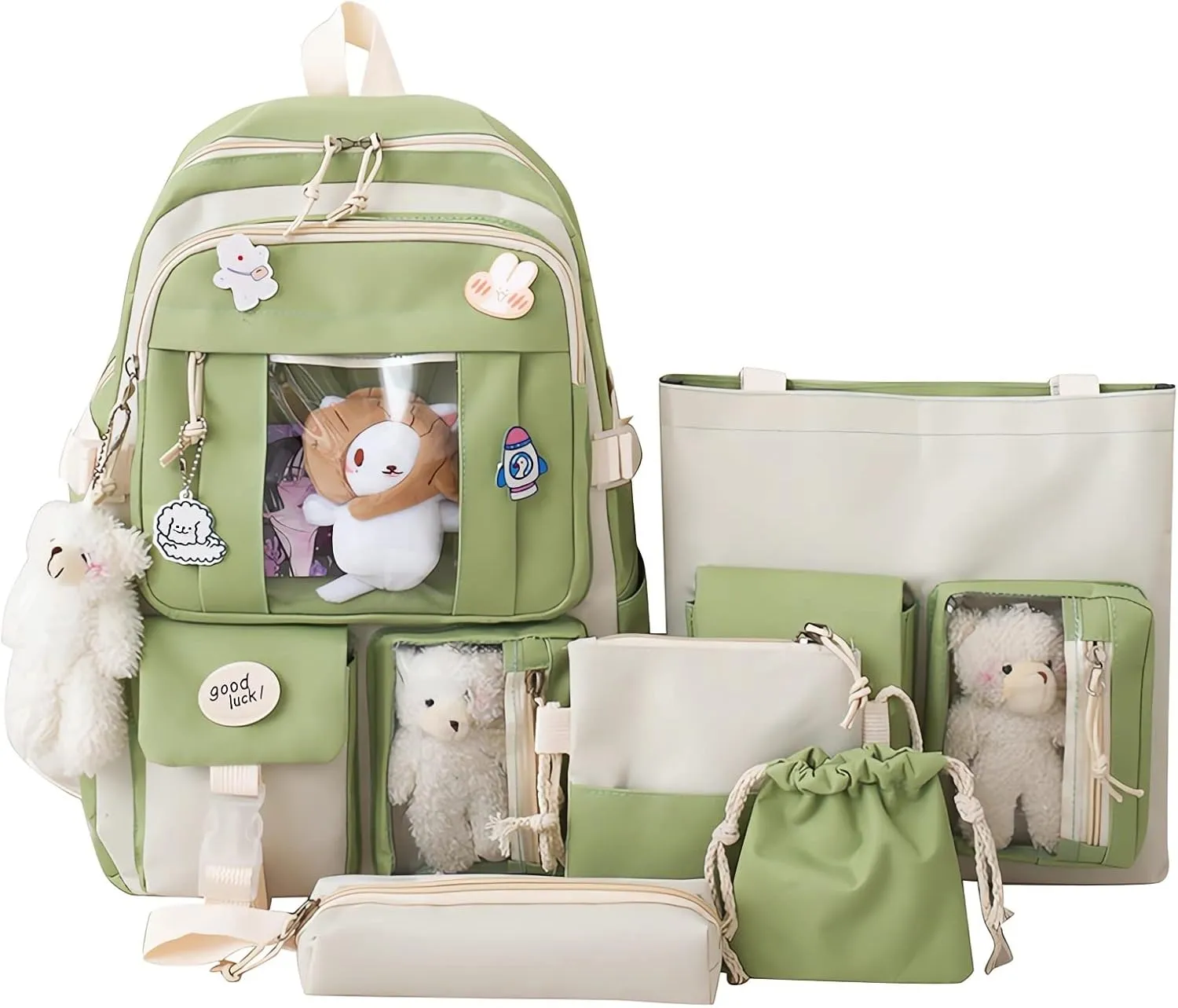 5-Piece Aesthetic Kawaii Backpack Set with Kawaii Pin and Pendants Accessories, Nylon Material | Durable & Adorable