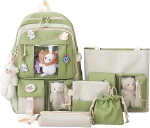 5-Piece Aesthetic Kawaii Backpack Set with Kawaii Pin and Pendants Accessories, Nylon Material | Durable & Adorable