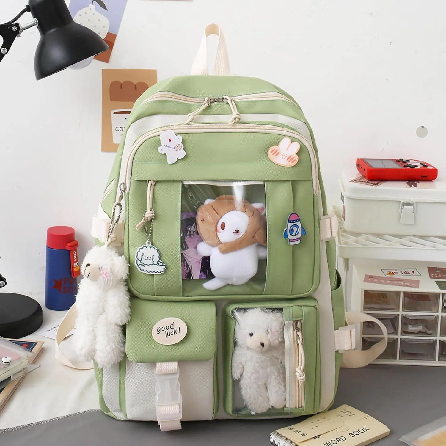 5-Piece Aesthetic Kawaii Backpack Set with Kawaii Pin and Pendants Accessories, Nylon Material | Durable & Adorable