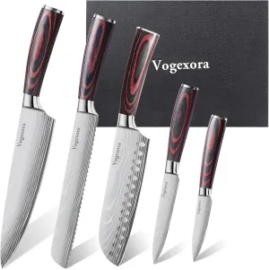 5-Piece Professional Knife Set, High Carbon Stainless Steel Kitchen Chef Knife Set, Red Pakkawood Handles, Dishwasher Safe