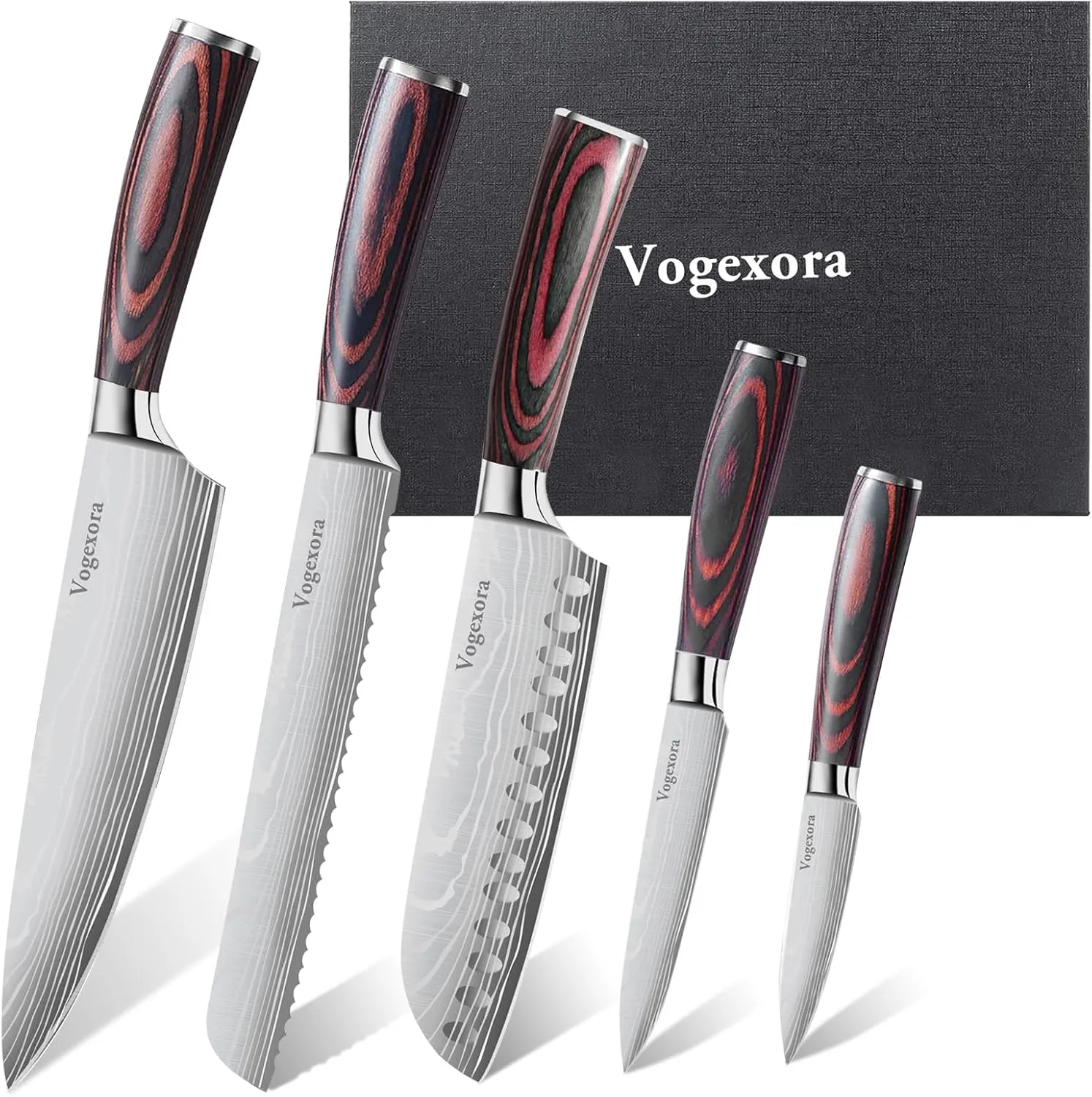 5-Piece Professional Knife Set, High Carbon Stainless Steel Kitchen Chef Knife Set, Red Pakkawood Handles, Dishwasher Safe