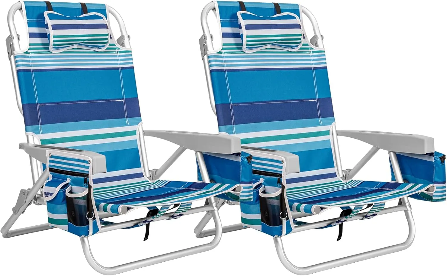 5-Position Aluminum Beach Chair Classic Lay Flat Folding Backpack Chair with Cooler Bag, Cup Holder for Outdoor Sport Lawn Picnic, Blue Stripes Foldable Camping Chair 2 Pack