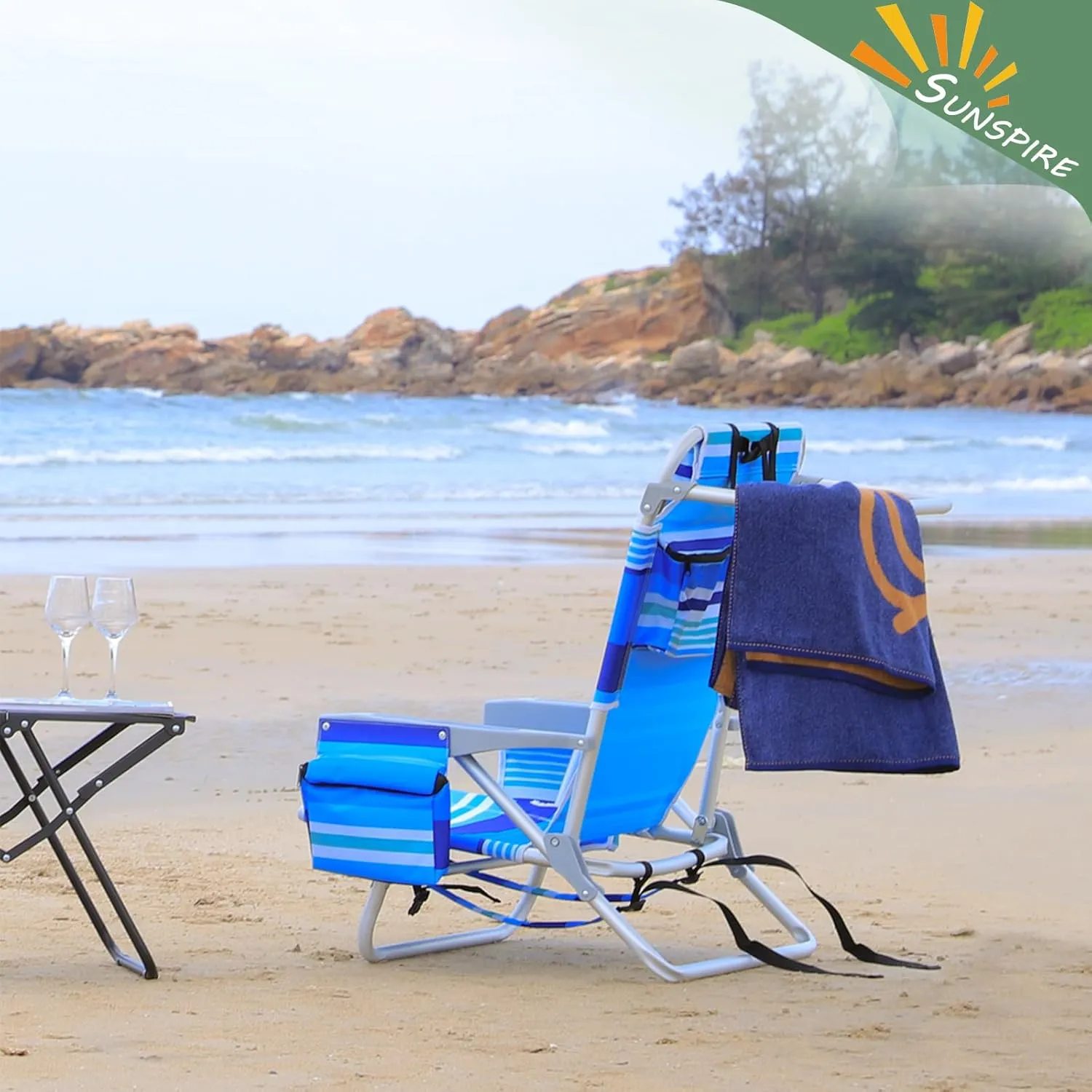 5-Position Aluminum Beach Chair Classic Lay Flat Folding Backpack Chair with Cooler Bag, Cup Holder for Outdoor Sport Lawn Picnic, Blue Stripes Foldable Camping Chair 2 Pack