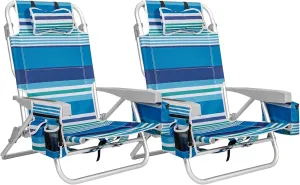 5-Position Aluminum Beach Chair Classic Lay Flat Folding Backpack Chair with Cooler Bag, Cup Holder for Outdoor Sport Lawn Picnic, Blue Stripes Foldable Camping Chair 2 Pack