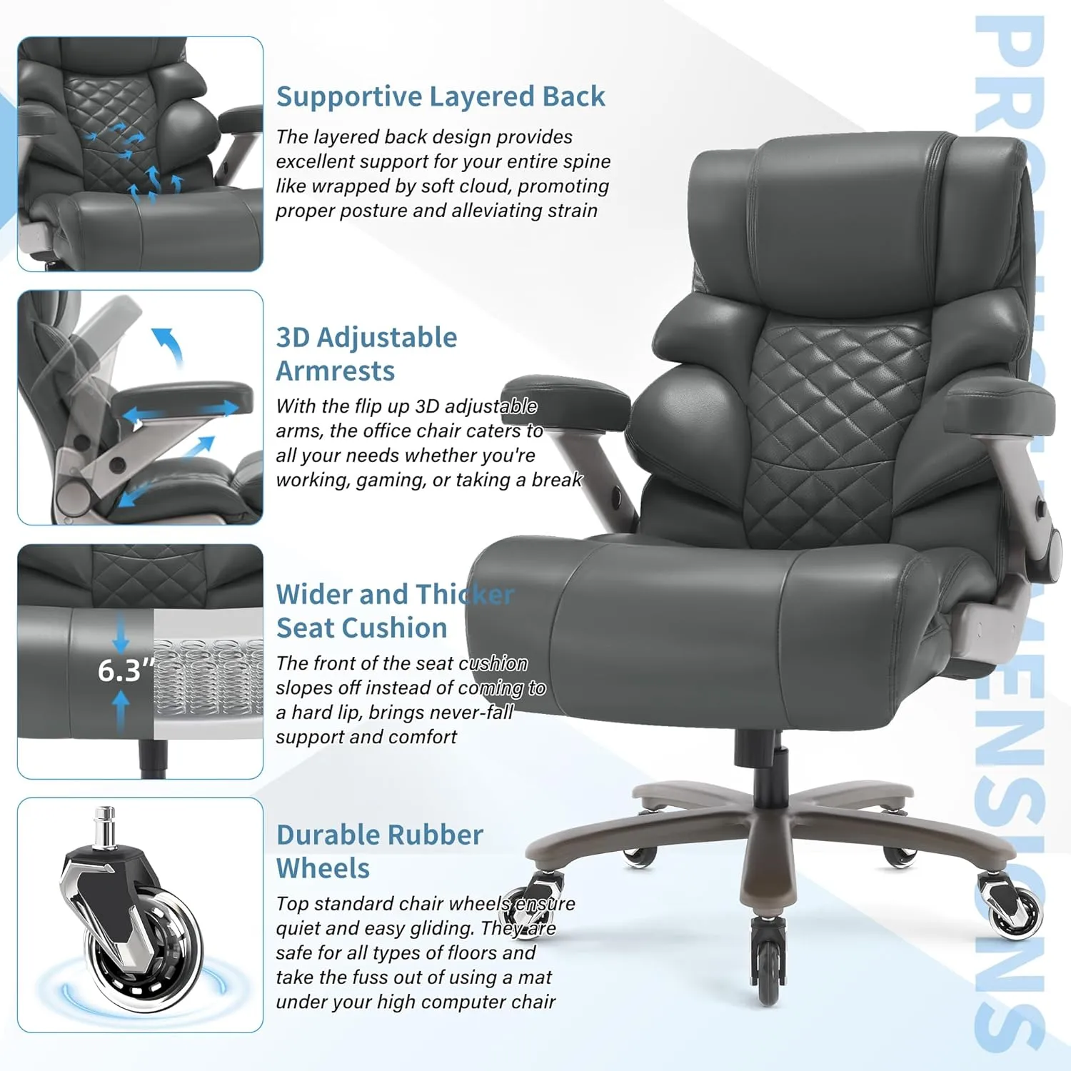 500lbs Big and Tall Office Chair-Large Computer Chair with Adjustable Lumbar Support 3D Flip Arms Plus Size Wheels, High Back Executive Desk Chair, Heavy Duty Metal Base, Thick Padded Wide Seat