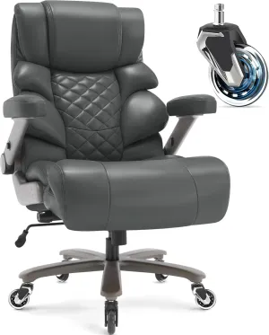 500lbs Big and Tall Office Chair-Large Computer Chair with Adjustable Lumbar Support 3D Flip Arms Plus Size Wheels, High Back Executive Desk Chair, Heavy Duty Metal Base, Thick Padded Wide Seat
