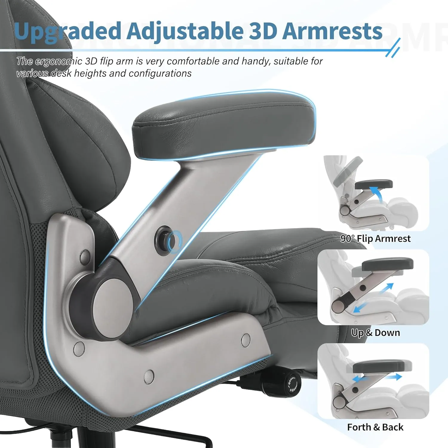 500lbs Big and Tall Office Chair-Large Computer Chair with Adjustable Lumbar Support 3D Flip Arms Plus Size Wheels, High Back Executive Desk Chair, Heavy Duty Metal Base, Thick Padded Wide Seat