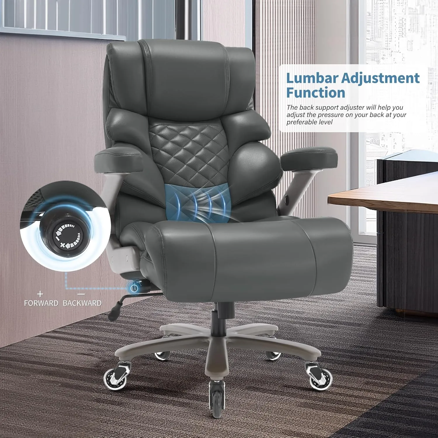 500lbs Big and Tall Office Chair-Large Computer Chair with Adjustable Lumbar Support 3D Flip Arms Plus Size Wheels, High Back Executive Desk Chair, Heavy Duty Metal Base, Thick Padded Wide Seat