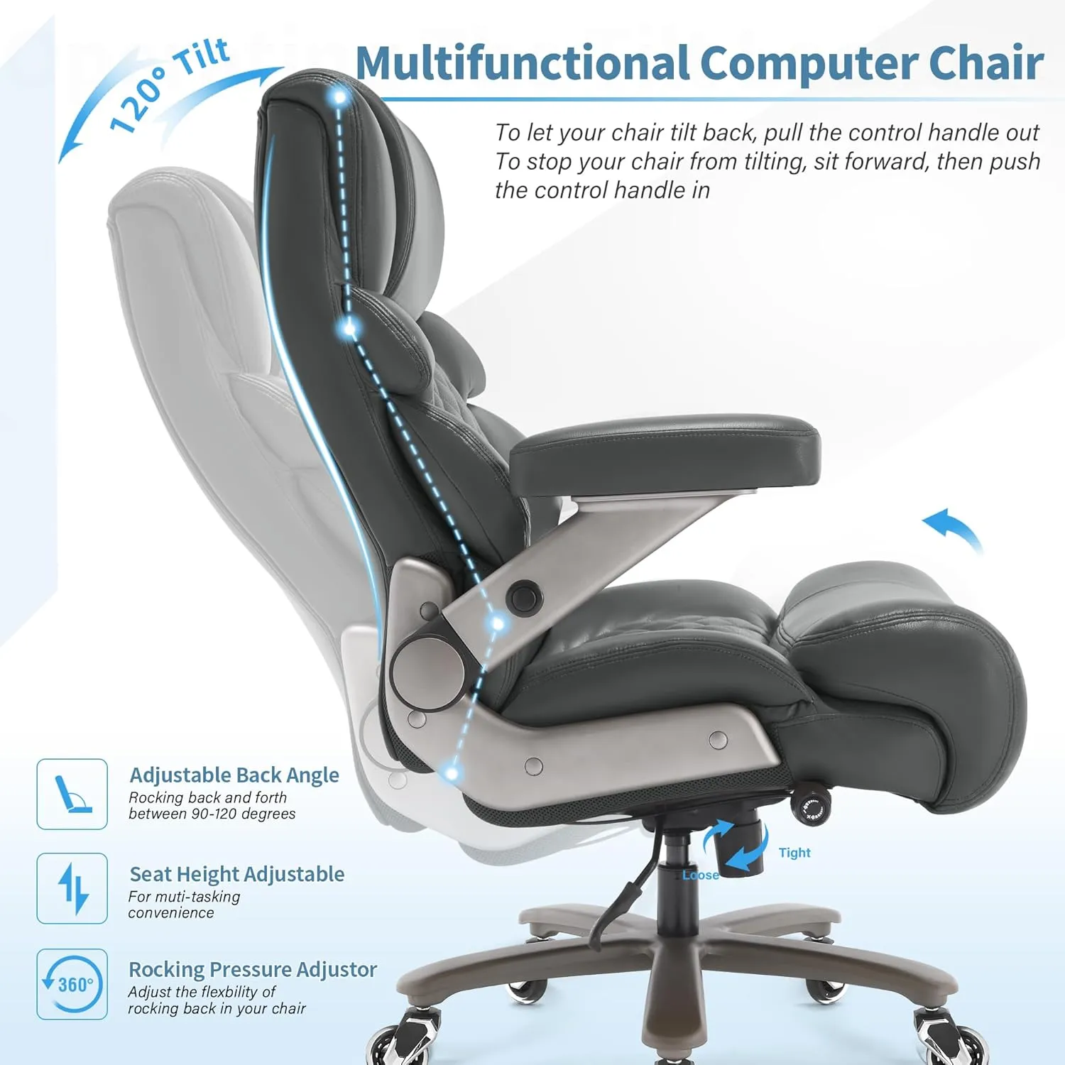 500lbs Big and Tall Office Chair-Large Computer Chair with Adjustable Lumbar Support 3D Flip Arms Plus Size Wheels, High Back Executive Desk Chair, Heavy Duty Metal Base, Thick Padded Wide Seat