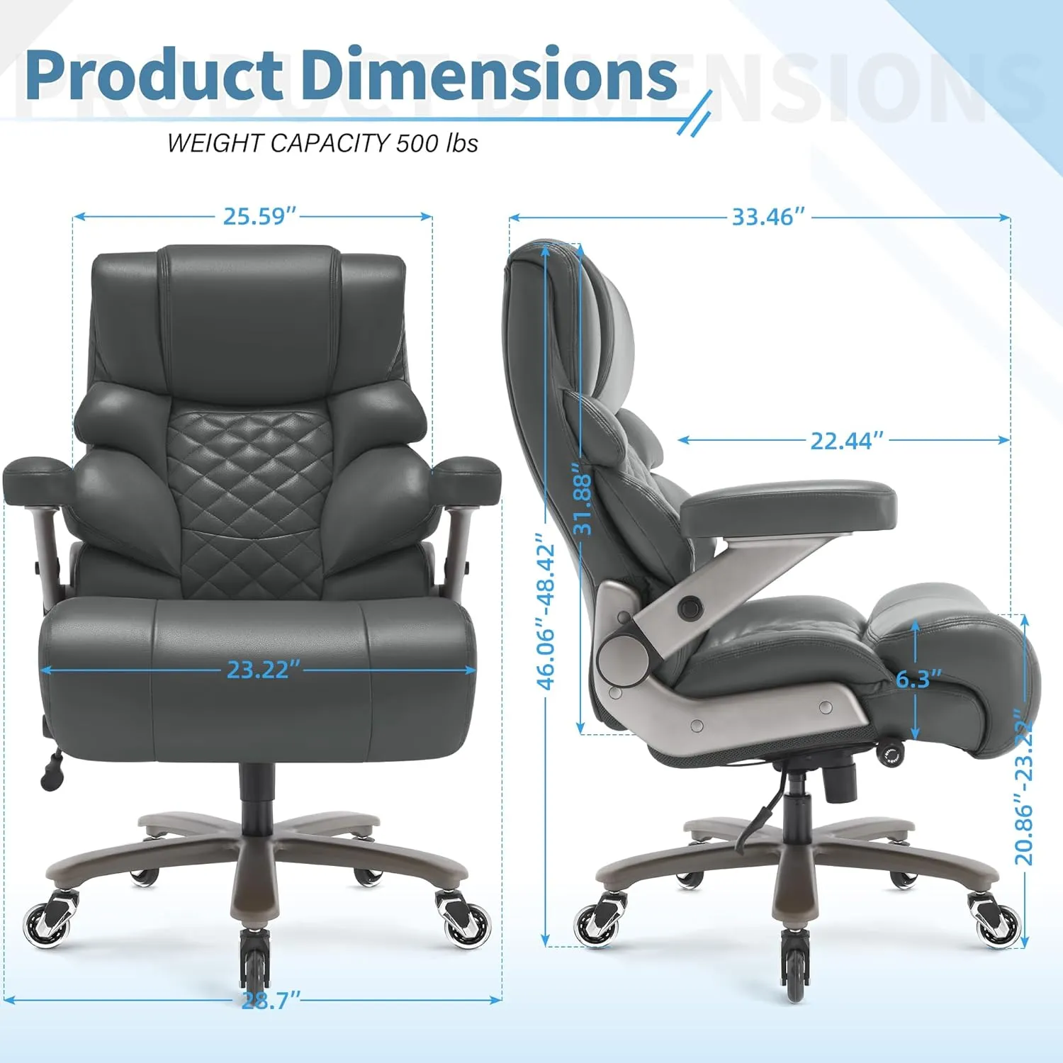 500lbs Big and Tall Office Chair-Large Computer Chair with Adjustable Lumbar Support 3D Flip Arms Plus Size Wheels, High Back Executive Desk Chair, Heavy Duty Metal Base, Thick Padded Wide Seat