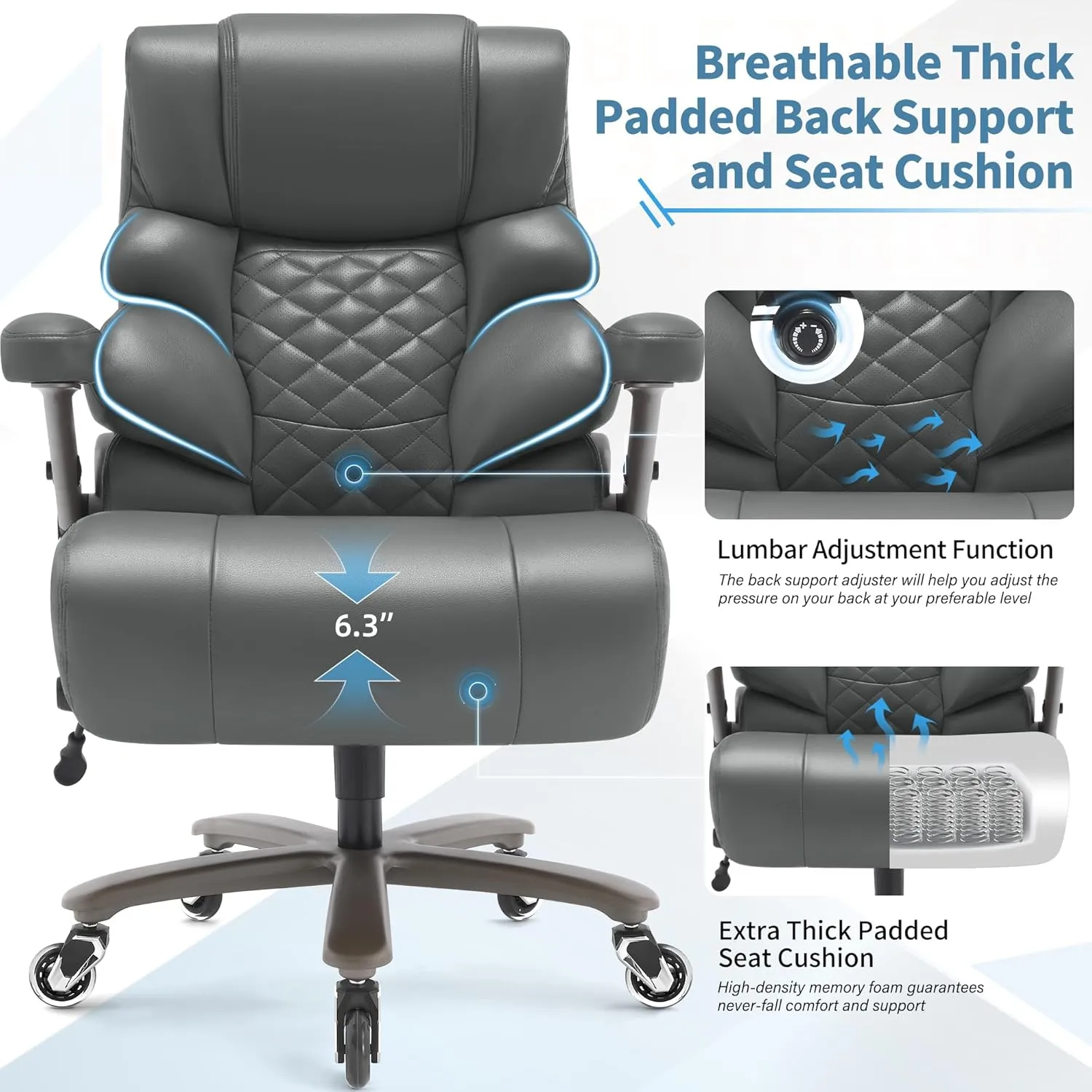 500lbs Big and Tall Office Chair-Large Computer Chair with Adjustable Lumbar Support 3D Flip Arms Plus Size Wheels, High Back Executive Desk Chair, Heavy Duty Metal Base, Thick Padded Wide Seat