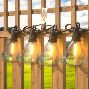 50FT Outdoor String Lights LED Patio Lights String with 25Pcs Shatterproof Diamond Bulbs IP65 Waterproof Heavy Duty LED Porch String Lights for Outside Porch Yard Garden Party Bistro